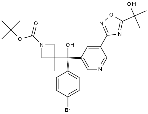 tert-butyl (R)-3-((4-bromophenyl)(hydroxy)(5-(5-(2-hydroxypropan-2-yl)-1,2,4-oxadiazol-3-yl)pyridin-3-yl)methyl)-3-methylazetidine-1-carboxylate 结构式