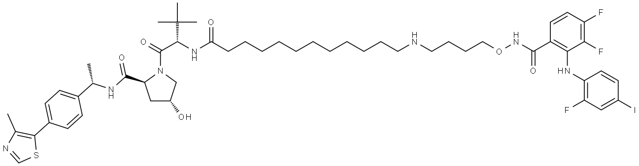 (2S,4R)-1-((S)-22-(叔丁基)-1-(3,4-二氟-2-((2-氟-4-碘代苯基)氨基)苯基)-1,20-二氧代-3-氧杂-2,8,21-三氮杂二十三烷-23-基)-4-羟基-N-((S)-1-(4-(4-甲基噻唑-5-基)苯基)乙基)吡咯烷-2-甲酰胺 结构式