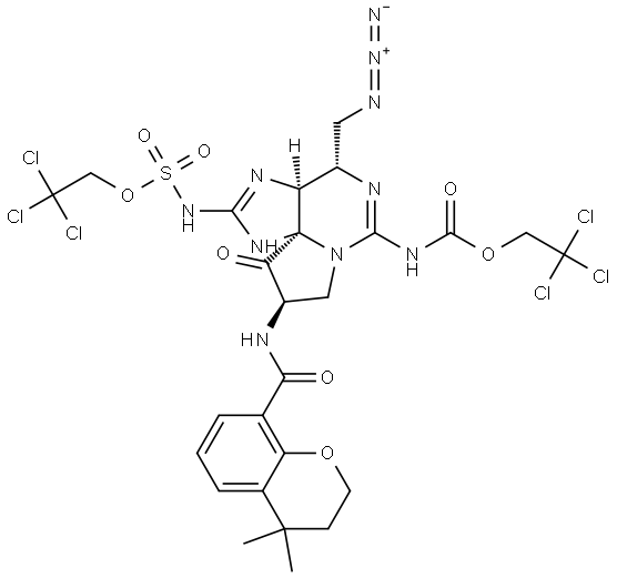 2,2,2-trichloroethyl ((3aS,4S,9R,10aS)-4-(azidomethyl)-9-(4,4-dimethylchromane-8-carboxamido)-10-oxo-6-(((2,2,2-trichloroethoxy)carbonyl)amino)-3a,4,9,10-tetrahydro-1H,8H-pyrrolo[1,2-c]purin-2-yl)sulfamate 结构式