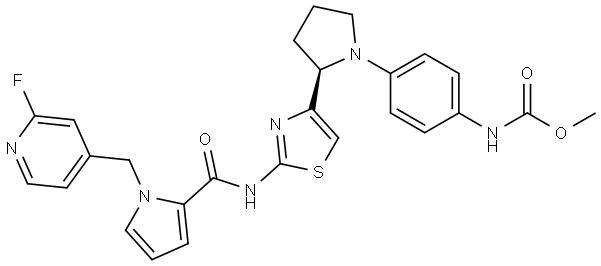 methyl N-[4-[(2R)-2-[2-[[1-[(2-fluoro-4-pyridyl)methyl]pyrrole-2-carbonyl]amino]thiazol-4-yl]pyrrolidin-1-yl]phenyl]carbamate 结构式