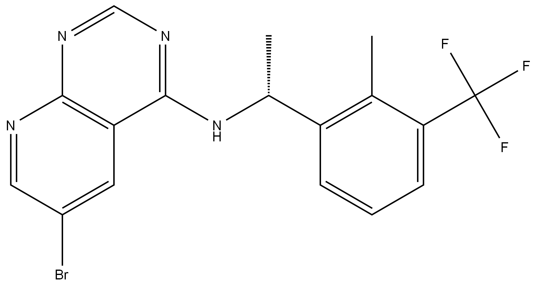 6-bromo-N-{(1R)-1-[2-methyl-3-(trifluoromethyl)phenyl]ethyl}pyrido[2,3-d]pyrimidin-4-amine 结构式