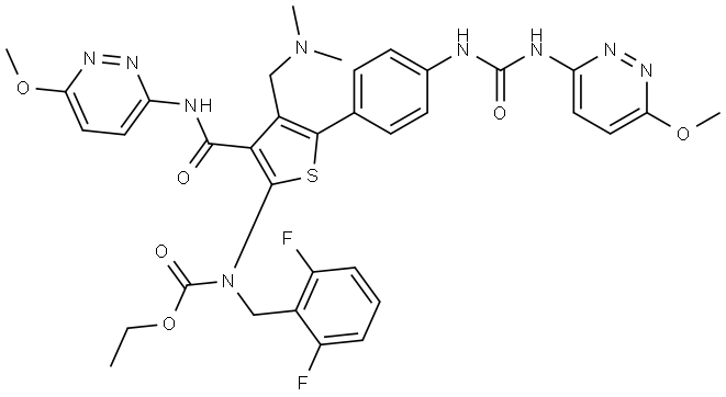 Carbamic acid, N-[(2,6-difluorophenyl)methyl]-N-[4-[(dimethylamino)methyl]-3-[[(6-methoxy-3-pyridazinyl)amino]carbonyl]-5-[4-[[[(6-methoxy-3-pyridazinyl)amino]carbonyl]amino]phenyl]-2-thienyl]-, ethyl ester 结构式