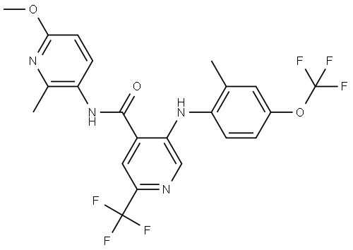 N-(6-methoxy-2-methylpyridin-3-yl)-5-{[2-methyl-4-(trifluoromethoxy)phenyl]amino}-2-(trifluoromethyl)pyridine-4-carboxamide 结构式