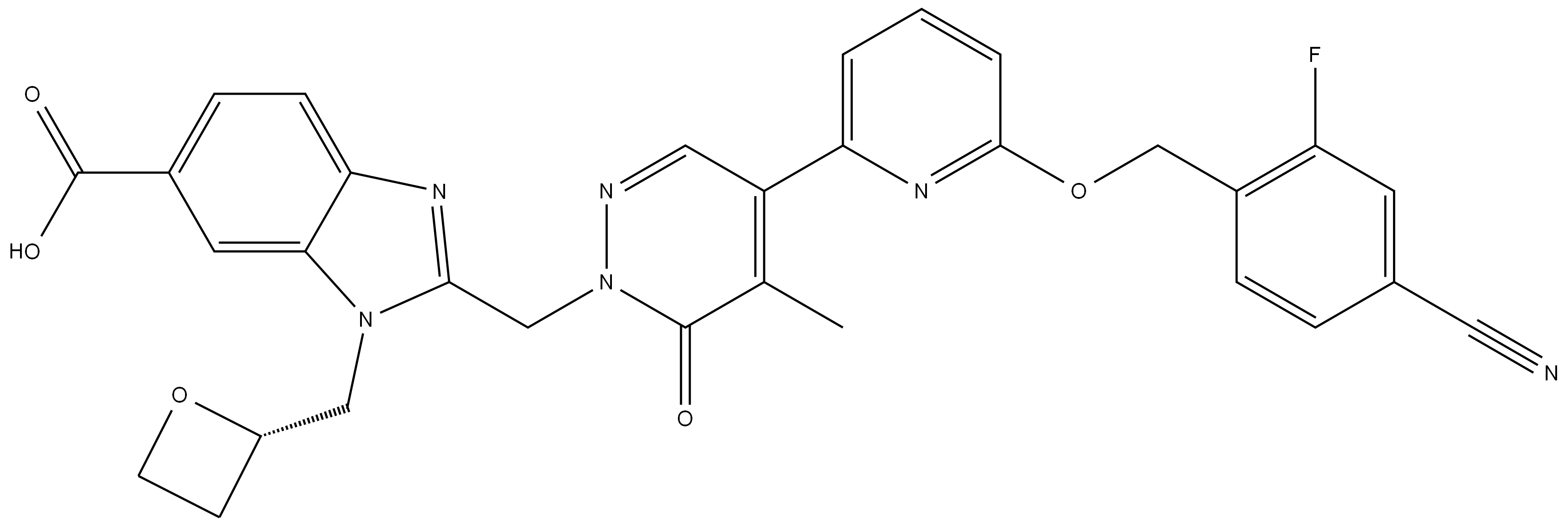 (S)-2-((4-(6-((4-cyano-2-fluorobenzyl)oxy)pyridin-2-yl)-5-methyl-6-oxopyridazin-1(6H)-yl)methyl)-1-(oxetan-2-ylmethyl)-1H-benzo[d]imidazole-6-carboxylic acid 结构式