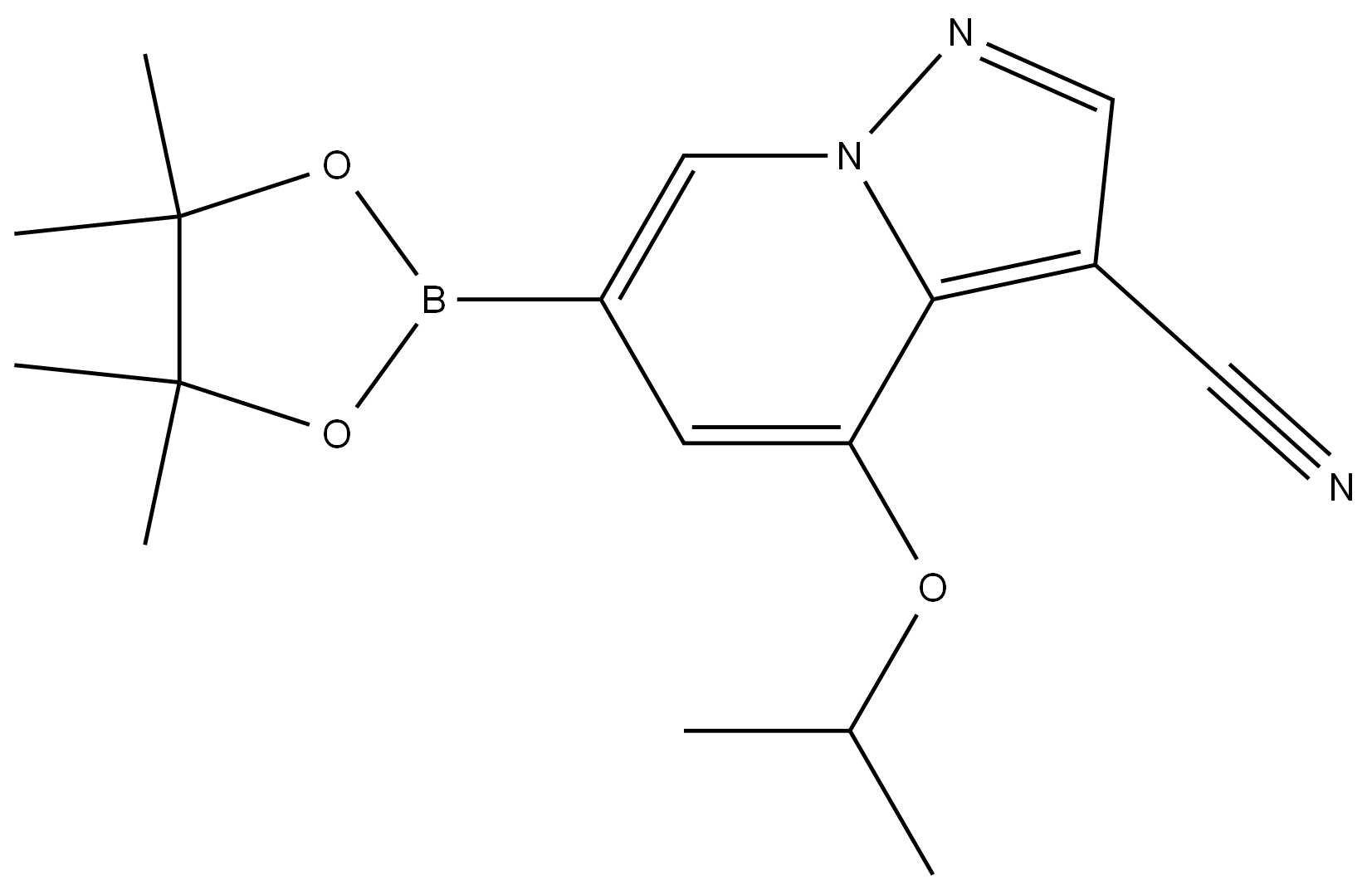 4-异丙氧基-6-(4,4,5,5-四甲基-1,3,2-二氧杂硼烷-2-基)吡唑[1,5-A]吡啶-3-腈 结构式
