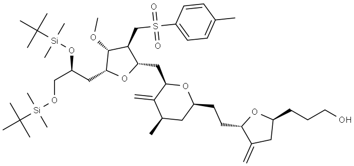 3-((2S,5S)-5-(2-(2S,4R,6R)-6-((2S、3S、4R,5R)-5-((S)-2,3-双((叔丁基二甲基甲硅烷基)氧基)丙基)-4-甲氧基-3-(甲苯磺酰基甲基)四氢呋喃-2-基)甲基)-4-甲基-5-亚甲基四氢-2H-吡喃-2-基)乙基)-4-亚甲基四氢-2-基)丙-1-醇 结构式