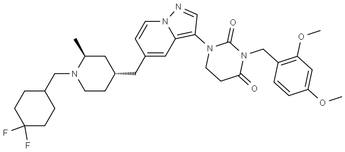 1-(5-(((2S,4R)-1-((4,4-difluorocyclohexyl)methyl)-2-methylpiperidin-4-yl)methyl)pyrazolo[1,5-a]pyridin-3-yl)-3-(2,4-dimethoxybenzyl)dihydropyrimidine-2,4(1H,3H)-dione 结构式