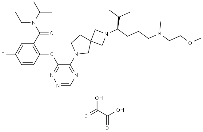 (R)-N-乙基-5-氟-N-异丙基-2-((5-(2-(6-((2-甲氧基乙基)(甲基)氨基)-2-甲基己-3-基)-2,6-二氮杂螺[3.4]辛烷-6-基)-1,2,4-三嗪-6-基)氧基)苯甲酰胺 草酸盐 结构式