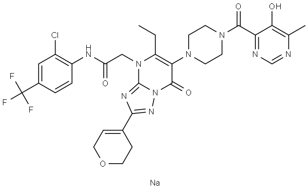 N-(2-氯-4-(三氟甲基)苯基)-2-(2-(3,6-二氢-2H-吡喃-4-基)-5-乙基-6-(4-(5-羟基-6-甲基嘧啶-4-羰基)哌嗪-1-基)-7-氧代-[1,2,4]三唑并[1,5-A]嘧啶-4(7H)-基)乙酰胺钠盐 结构式