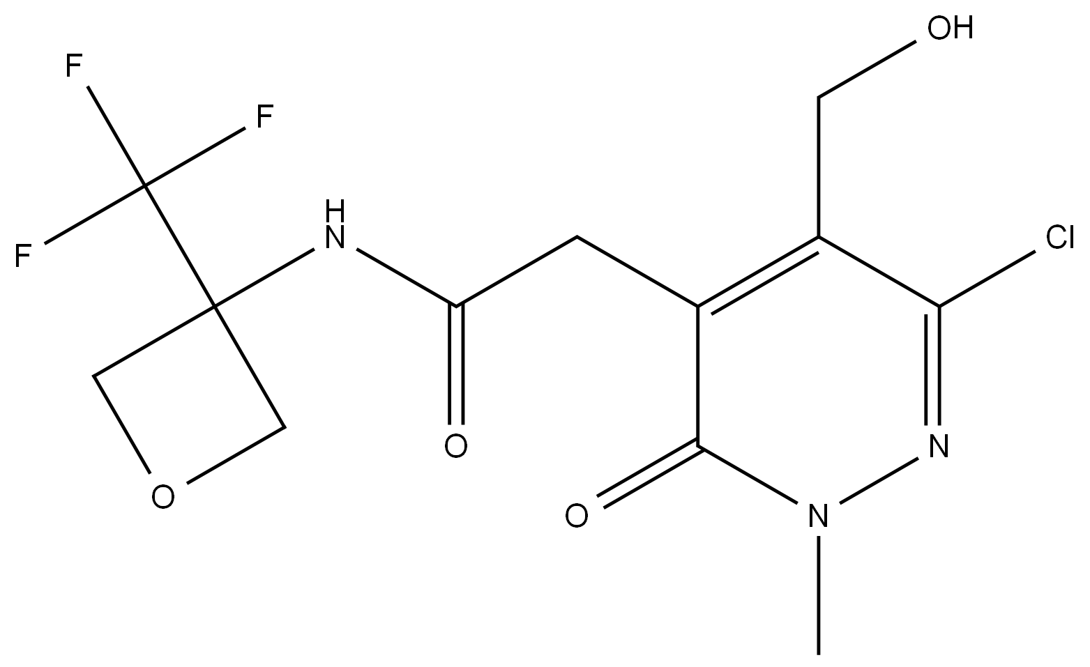 2-(6-chloro-5-(hydroxymethyl)-2-methyl-3-oxo-2,3-dihydropyridazin-4-yl)-N-(3-(trifluoromethyl)oxetan-3-yl)acetamide 结构式