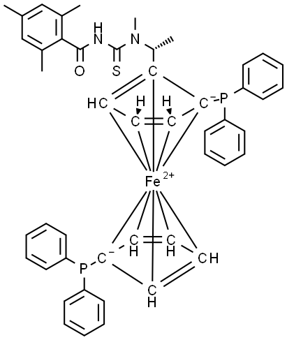 (2R)-1-[(1R)-1-[[[(2,4,6-三甲基)苯甲酰基]氨基]硫氧甲基]甲基氨基]乙基]-1′,2-双(二苯基膦基)二茂铁 结构式