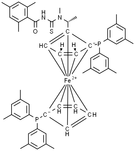 (2R)-1-[(1R)-1-[[(2,4,6-三甲基)苯甲酰基]氨基]硫氧甲基]甲基氨基]乙基]-1′,2-双(二(3,5-二甲基)苯基膦基)二茂铁 结构式