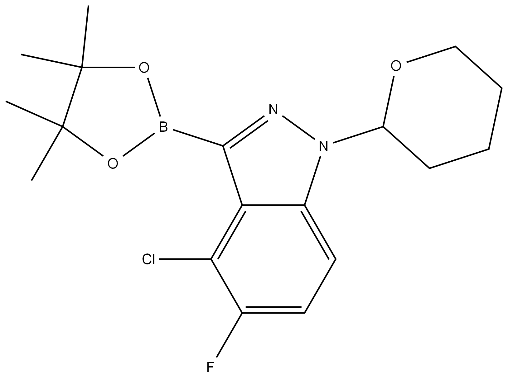 4-氯-5-氟-1-(四氢-2H-吡喃-2-基)-3-(4,4,5,5-四甲基-1,3,2-二噁硼烷-2-基)-1H-吲唑 结构式