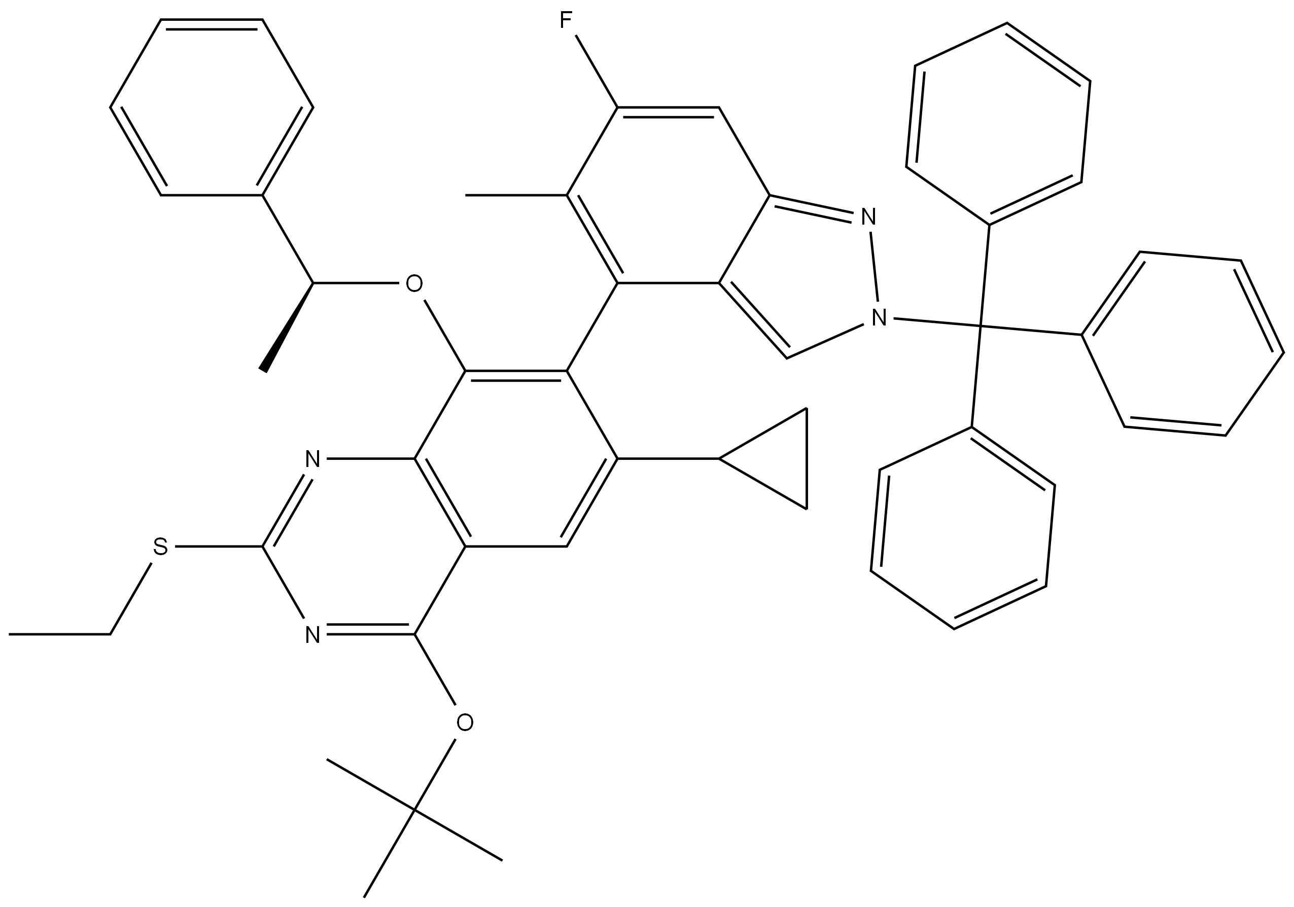 4-tert-butoxy-6-cyclopropyl-2-(ethylsulfanyl)-7-[6-fluoro-5-methyl-2-(triphenylmethyl)-2H-indazol-4-yl]-8-[(1S)-1-phenylethoxy]quinazoline 结构式
