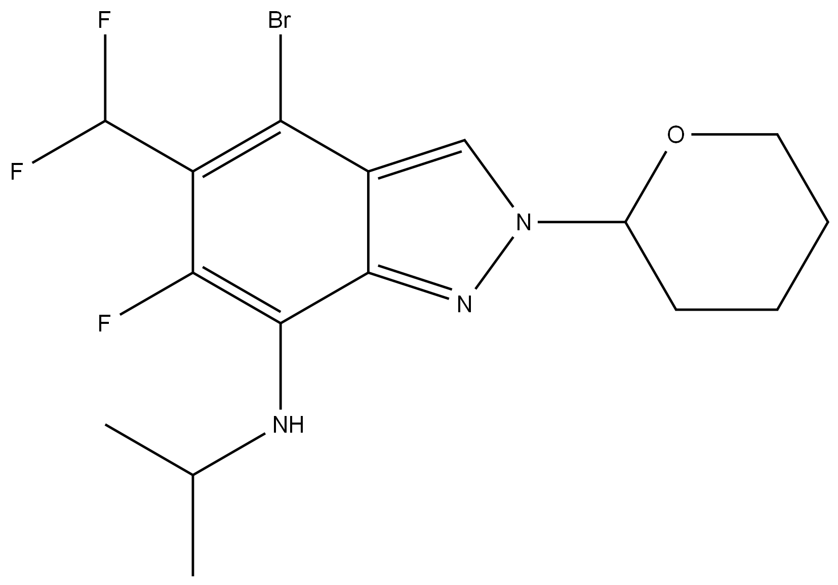 4-bromo-5-(difluoromethyl)-6-fluoro-N-isopropyl-2-(tetrahydro-2H-pyran-2-yl)-2H-indazol-7-amine 结构式