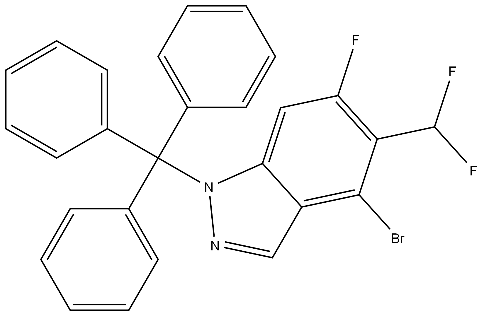 4-bromo-5-(difluoromethyl)-6-fluoro-1-trityl-1H-indazole 结构式