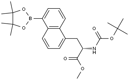 (S)-2-((叔丁氧基羰基)氨基)-3-(5-(4,4,5,5-四甲基-1,3,2-二氧硼杂环戊烷-2-基)萘-1-基)丙酸甲酯 结构式