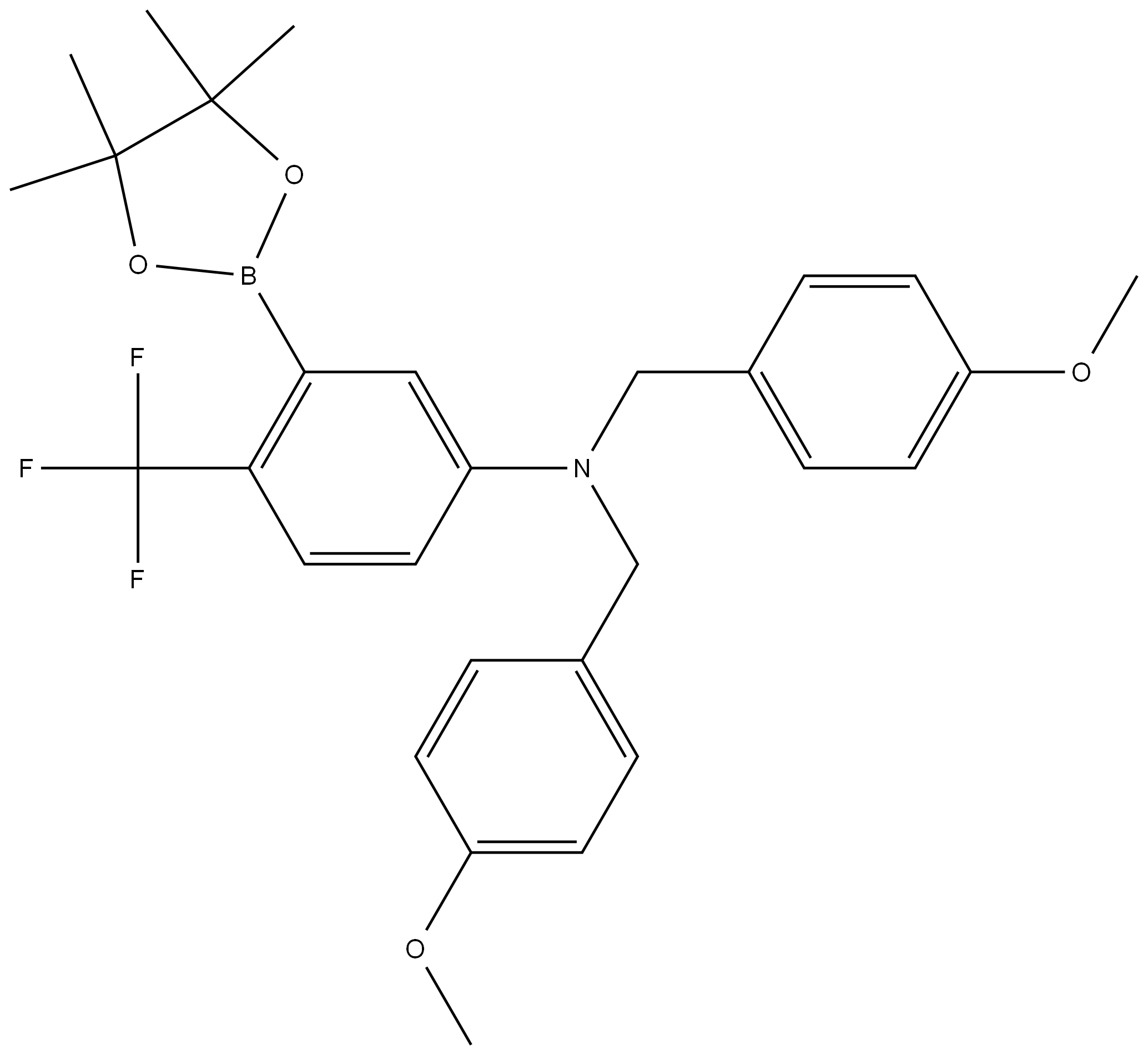 N,N-双(4-甲氧基苄基)-3-(4,4,5,5-四甲基-1,3,2-二氧杂硼烷-2-基)-4-(三氟甲基)苯胺 结构式