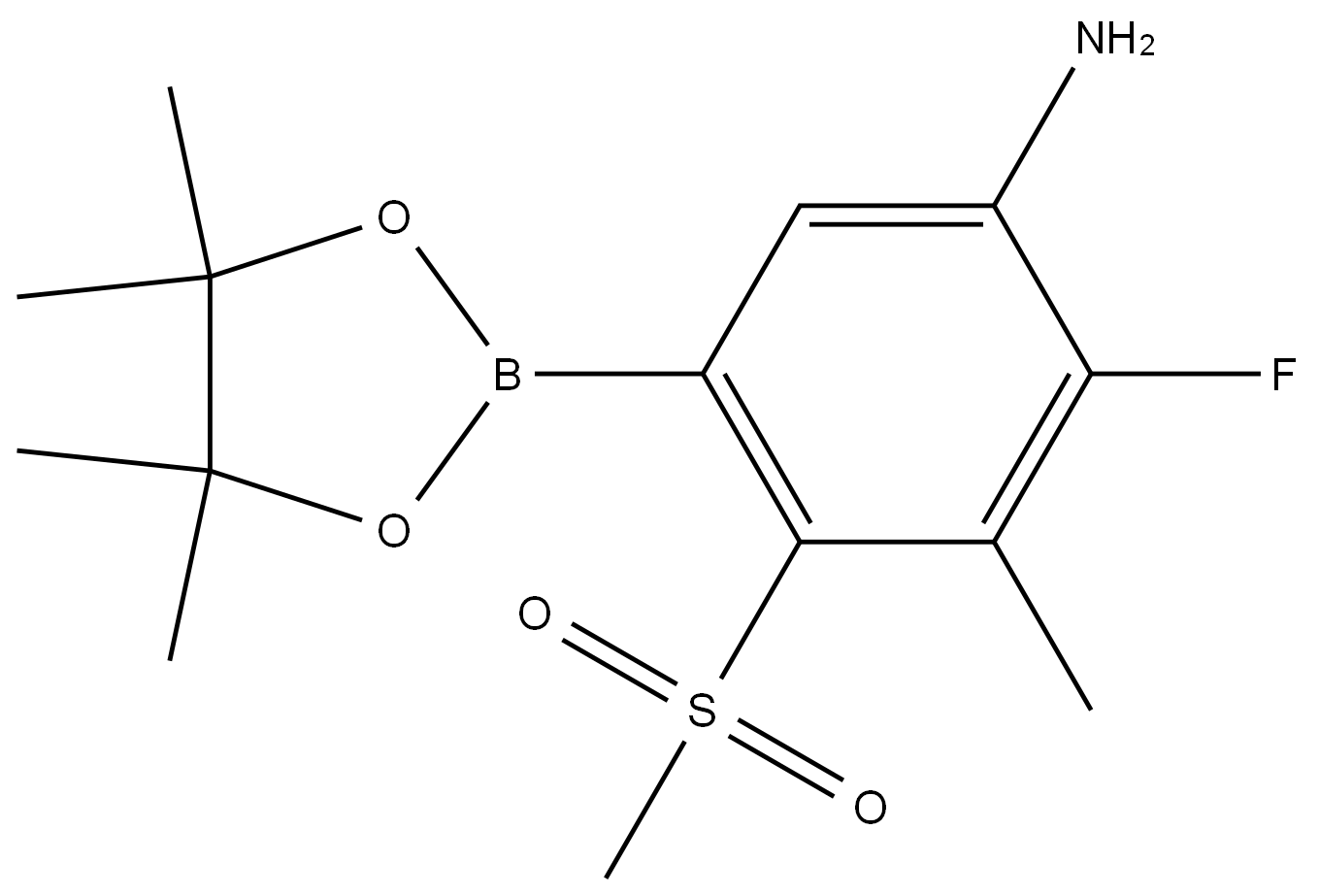 2-氟-3-甲基-4-(甲基磺酰基)-5-(4,4,5,5-四甲基-1,3,2-二氧杂硼烷-2-基)苯胺 结构式