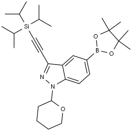 1-(四氢2H-吡喃-2-基)-5-(4,4,5,5-四甲基-1,3,2-二氧硼杂环戊烷-2-基)-3-((三异丙基甲硅烷基)乙炔基)-1H-吲唑 结构式