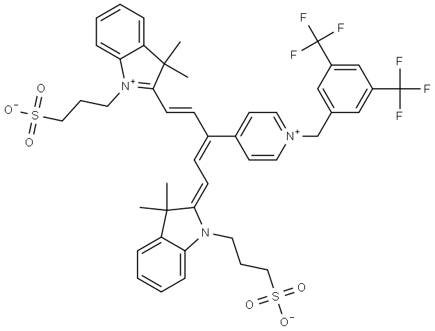 3-(2-((1E,3Z)-3-(1-(3,5-bis(trifluoromethyl)benzyl)pyridin-1-ium-4-yl)-5-((E)-3,3-dimethyl-1-(3-sulfonatopropyl)indolin-2-ylidene)penta-1,3-dien-1-yl)-3,3-dimethyl-3H-indol-1-ium-1-yl)propane-1-sulfonate 结构式