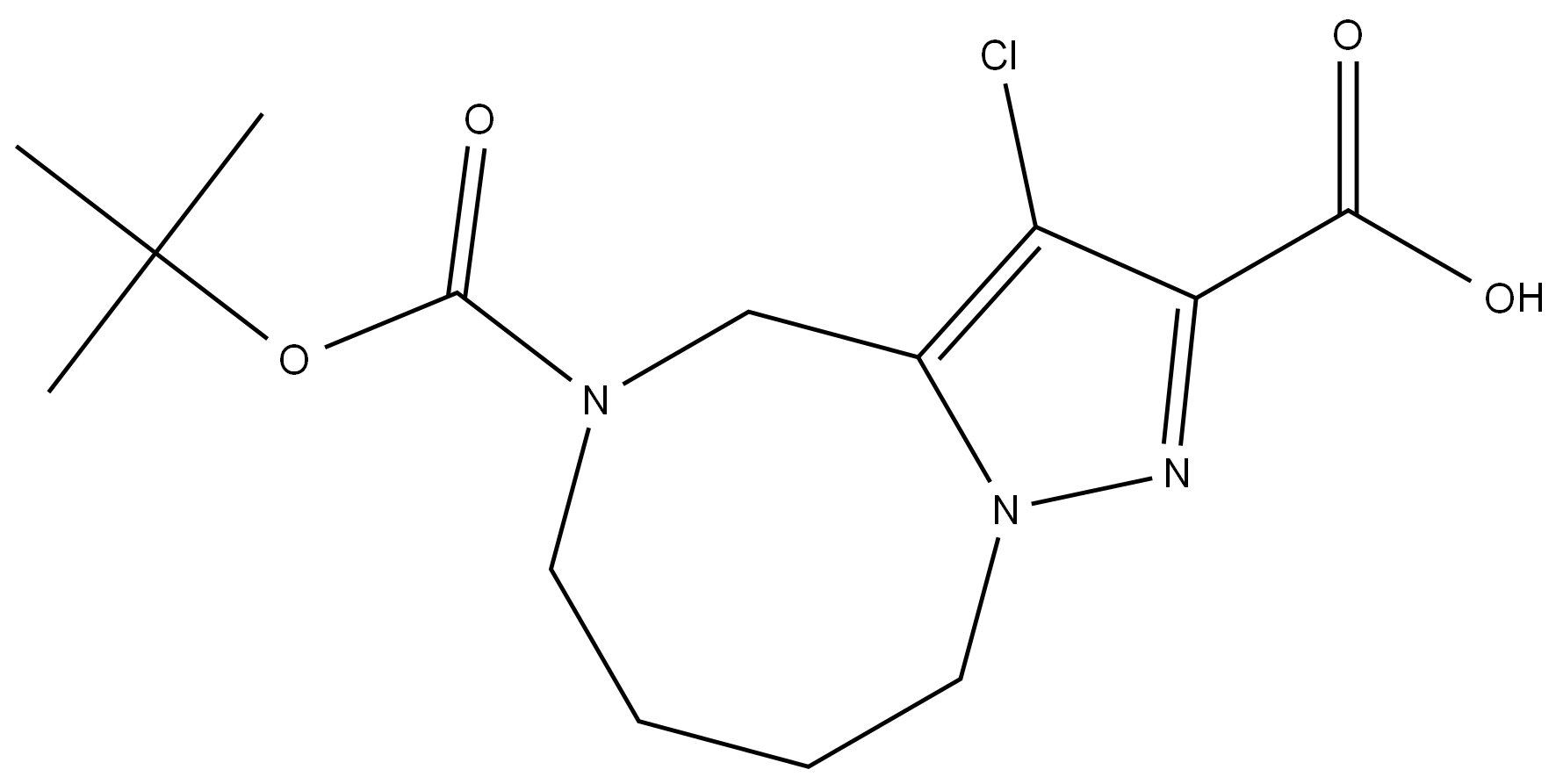 5-(叔丁氧羰基)-3-氯-4,5,6,7,8,9-六氢吡唑并[1,5-A][1,4]重氮辛-2-羧酸 结构式