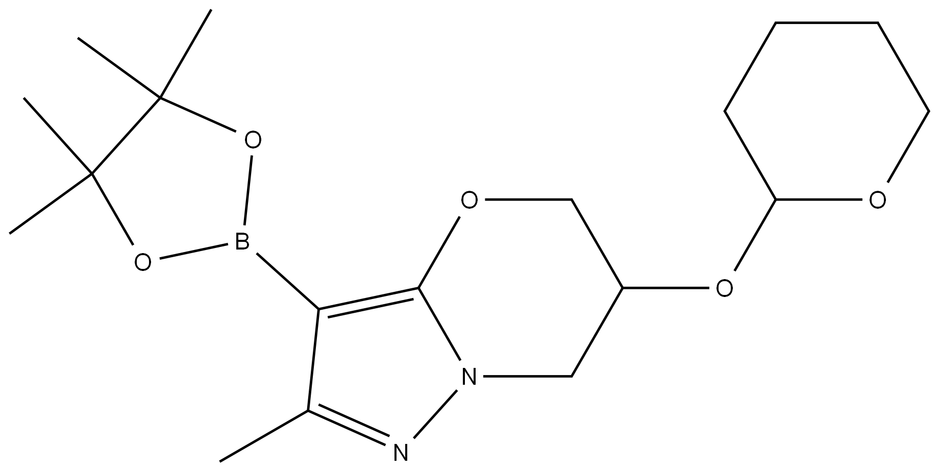 2-甲基-6-((四氢2H-吡喃-2-基)氧基)-3-(4,4,5,5-四甲基-1,3,2-二氧杂硼杂环戊烷-2-基)-6,7-二氢-5H-吡唑并[5,1-B][1,3]噁嗪 结构式