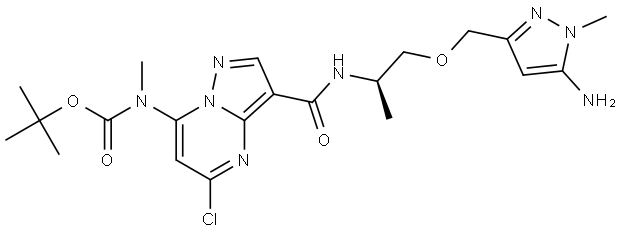 tert-butyl (R)-(3-((1-((5-amino-1-methyl-1H-pyrazol-3-yl)methoxy)propan-2-yl)carbamoyl)-5-chloropyrazolo[1,5-a]pyrimidin-7-yl)(methyl)carbamate 结构式