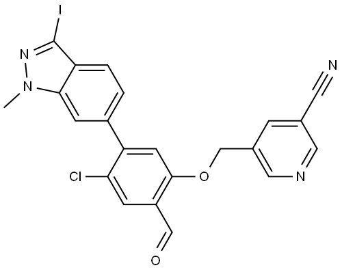 5-((4-chloro-2-formyl-5-(3-iodo-1-methyl-1H-indazol-6-yl)phenoxy)methyl)nicotinonitrile 结构式