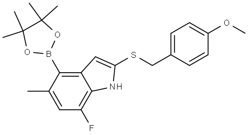 7-fluoro-2-((4-methoxybenzyl)thio)-5-methyl-4-(4,4,5,5-tetramethyl-1,3,2-dioxaborolan-2-yl)-1H-indole 结构式