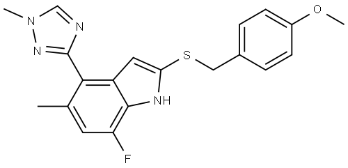 7-fluoro-2-((4-methoxybenzyl)thio)-5-methyl-4-(1-methyl-1H-1,2,4-triazol-3-yl)-1H-indole 结构式