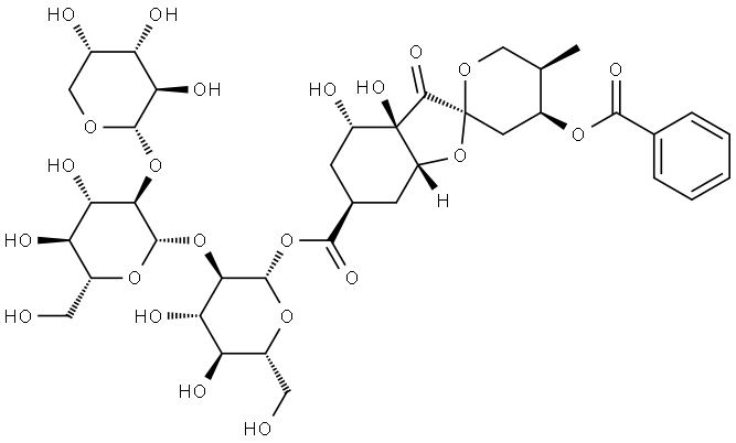 β-D-Glucopyranose, O-α-L-arabinopyranosyl-(1→2)-O-β-D-glucopyranosyl-(1→2)-, 1-[(2S,3aR,4S,4'S,5'R,6S,7aR)-4'-(benzoyloxy)decahydro-3a,4-dihydroxy-5'-methyl-3-oxospiro[benzofuran-2(3H),2'-[2H]pyran]-6-carboxylate] 结构式