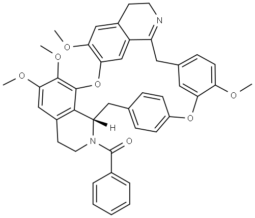 2H-1,24:12,15-Dietheno-6,10-metheno-16H-pyrido[2',3':17,18][1,10]dioxacycloeicosino[2,3,4-ij]isoquinoline, 17-benzoyl-3,5,16a,17,18,19-hexahydro-9,21,22,26-tetramethoxy-, (S)- (9CI) 结构式