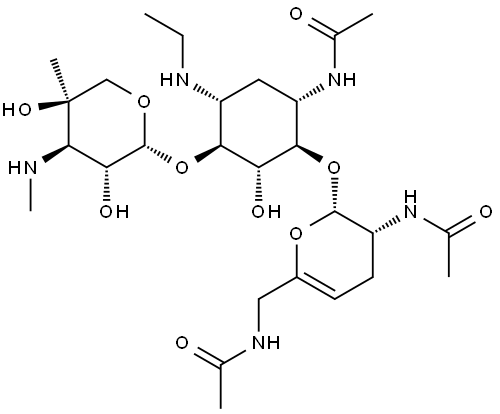 D-Streptamine, O-2,6-bis(acetylamino)-2,3,4,6-tetradeoxy-α-D-glycero-hex-4-enopyranosyl-(1→4)-O-[3-deoxy-4-C-methyl-3-(methylamino)-β-L-arabinopyranosyl-(1→6)]-N3-acetyl-2-deoxy-N1-ethyl- (9CI) 结构式