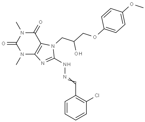 2-CHLOROBENZALDEHYDE {7-[2-HYDROXY-3-(4-METHOXYPHENOXY)PROPYL]-1,3-DIMETHYL-2,6-DIOXO-2,3,6,7-TETRAHYDRO-1H-PURIN-8-YL}HYDRAZONE 结构式