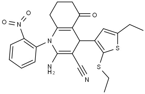 2-AMINO-4-[5-ETHYL-2-(ETHYLSULFANYL)-3-THIENYL]-1-(2-NITROPHENYL)-5-OXO-1,4,5,6,7,8-HEXAHYDRO-3-QUINOLINECARBONITRILE 结构式