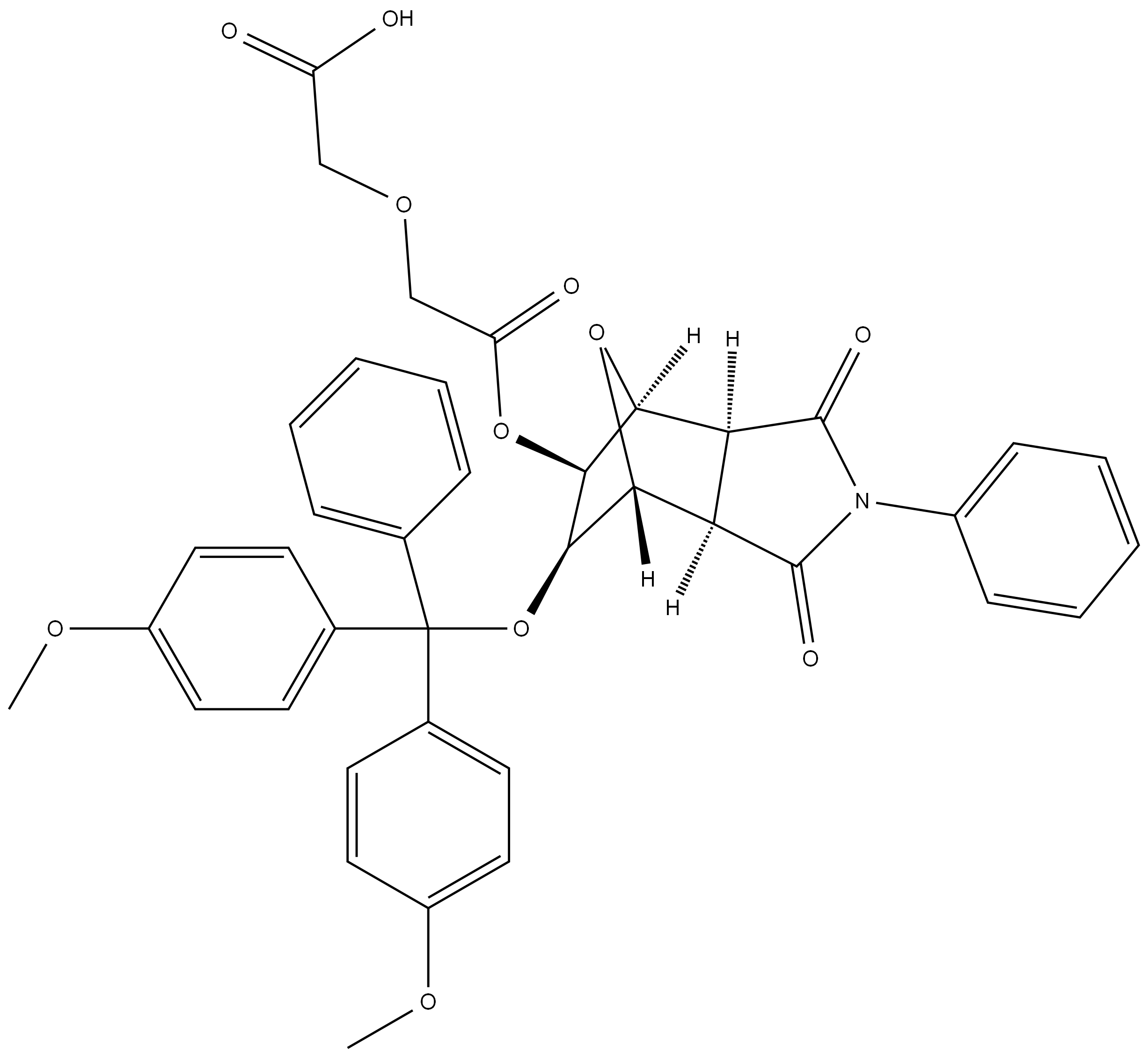 2-(2-(((3aR,4R,5R,6S,7S,7aS)-6-(bis(4-methoxyphenyl)(phenyl)methoxy)-1,3-dioxo-2-phenyloctahydro-1H-4,7-epoxyisoindol-5-yl)oxy)-2-oxoethoxy)acetic acid 结构式