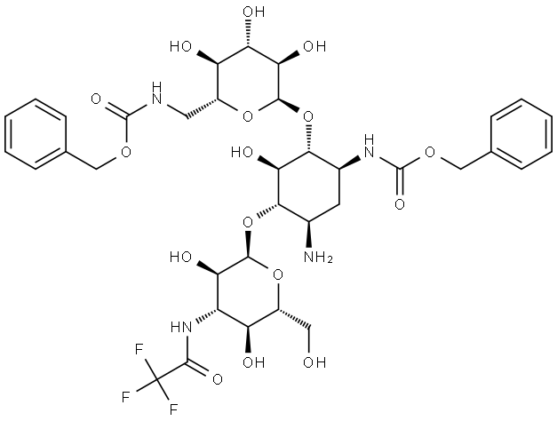 D-Streptamine, O-6-deoxy-6-[[(phenylmethoxy)carbonyl]amino]-α-D-glucopyranosyl-(1→4)-O-[3-deoxy-3-[(trifluoroacetyl)amino]-α-D-glucopyranosyl-(1→6)]-2-deoxy-N3-[(phenylmethoxy)carbonyl]- (9CI) 结构式