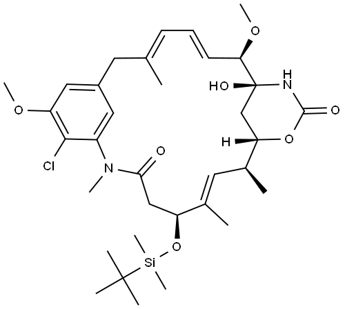 Maytansine, 3-O-de[2-(acetylmethylamino)-1-oxopropyl]-4,5-deepoxy-4,5-didehydro-3-O-[(1,1-dimethylethyl)dimethylsilyl]-, (4E)- (9CI) 结构式