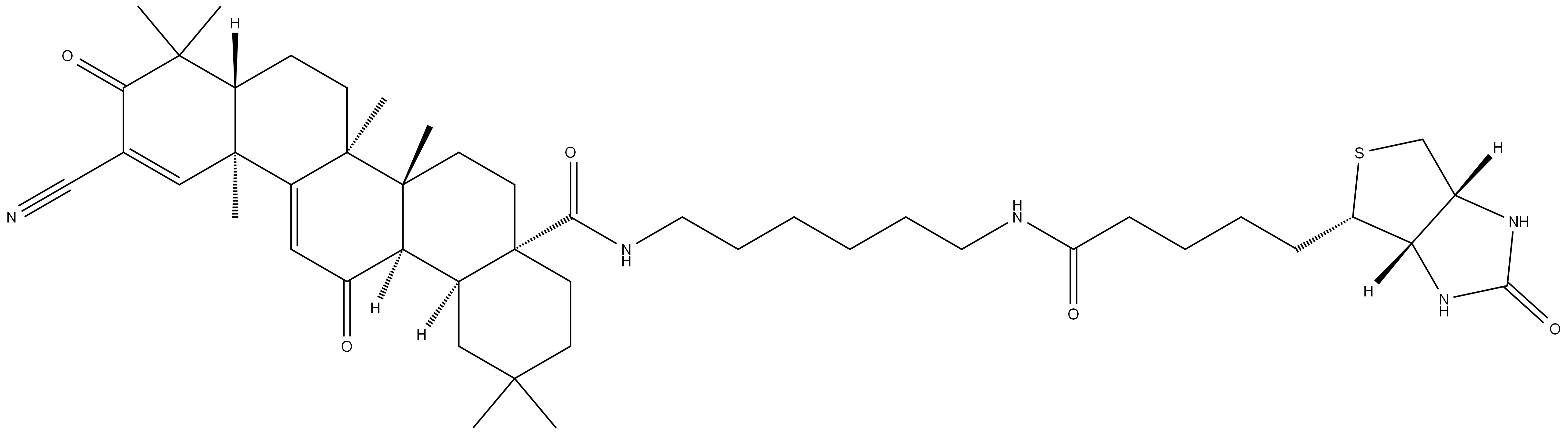 1H-Thieno[3,4-d]imidazole-4-pentanamide, N-[6-[(2-cyano-3,12,28-trioxooleana-1,9(11)-dien-28-yl)amino]hexyl]hexahydro-2-oxo-, (3aS,4S,6aR)- 结构式