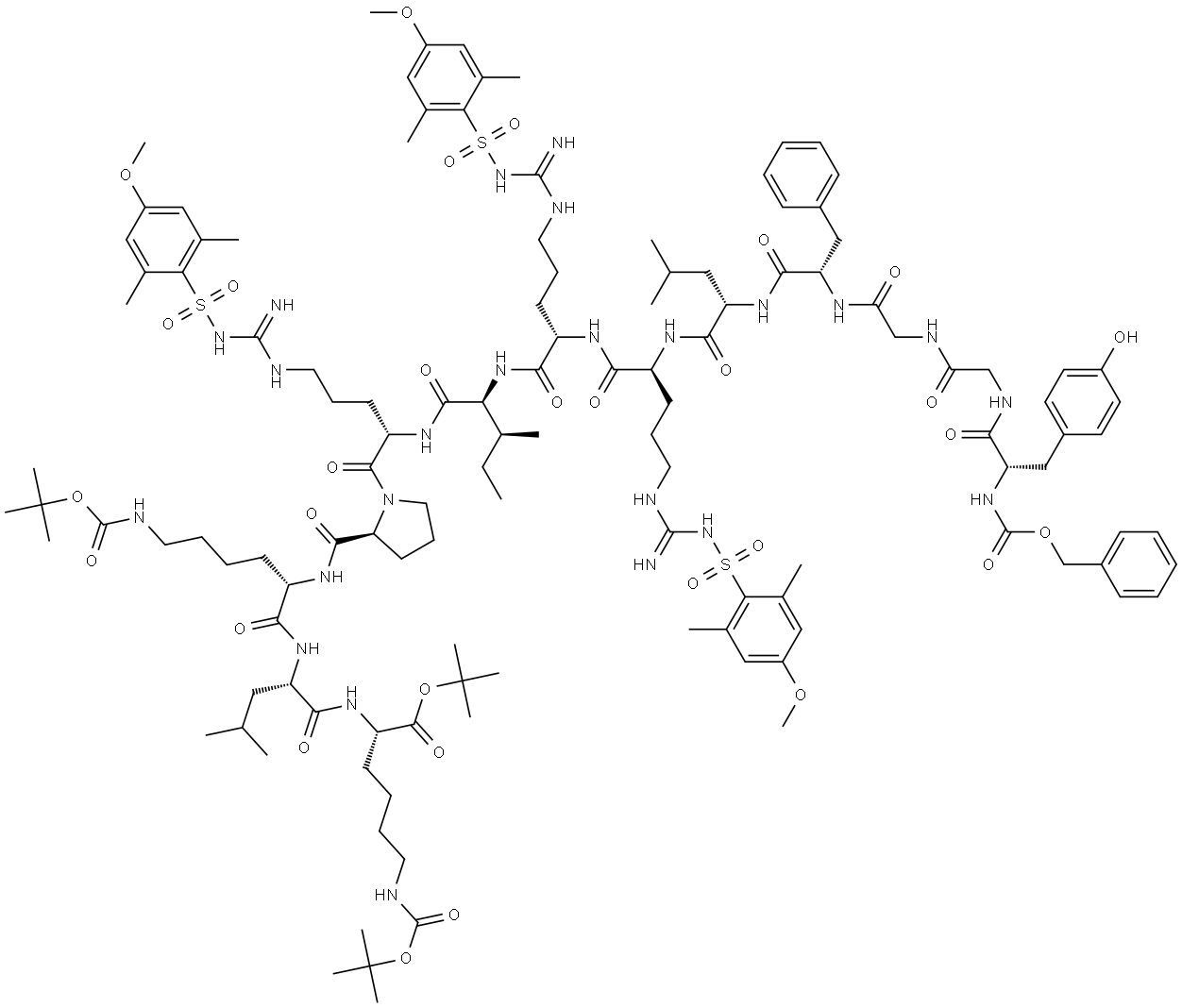 L-Lysine, N-[(phenylmethoxy)carbonyl]-L-tyrosylglycylglycyl-L-phenylalanyl-L-leucyl-N5-[imino[[(4-methoxy-2,6-dimethylphenyl)sulfonyl]amino]methyl]-L-ornithyl-N5-[imino[[(4-methoxy-2,6-dimethylphenyl)sulfonyl]amino]methyl]-L-ornithyl-L-isoleucyl-N5-[imino[[(4-methoxy-2,6-dimethylphenyl)sulfonyl]amino]methyl]-L-ornithyl-L-prolyl-N6-[(1,1-dimethylethoxy)carbonyl]-L-lysyl-L-leucyl-N6-[(1,1-dimethylethoxy)carbonyl]-, 1,1-dimethylethyl ester 结构式