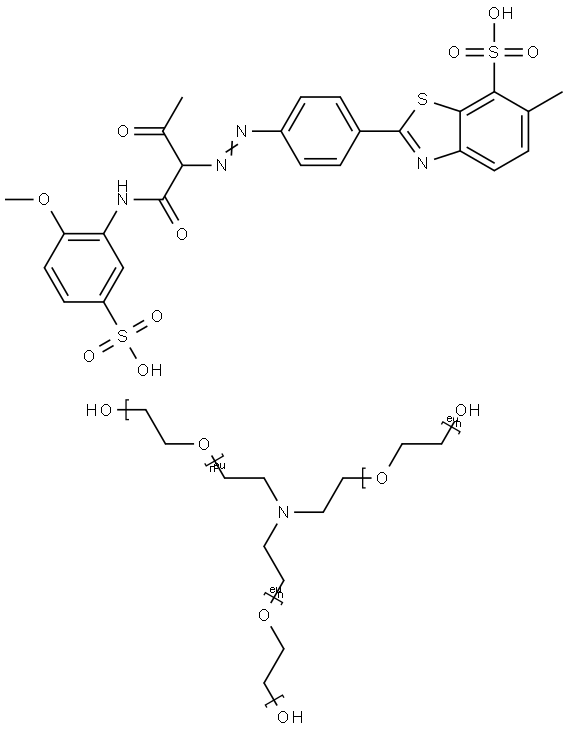 7-Benzothiazolesulfonic acid, 2-[4-[[1-[[(2-methoxy-5-sulfophenyl) amino]carbonyl]-2-oxopropyl]azo]phenyl ]-6-methyl-, compd. with α,α',α''- (nitrilotri-2,1-ethanediyl)tris[ω-hydroxypoly (oxy-1,2-ethanediyl)] (1:2) 结构式