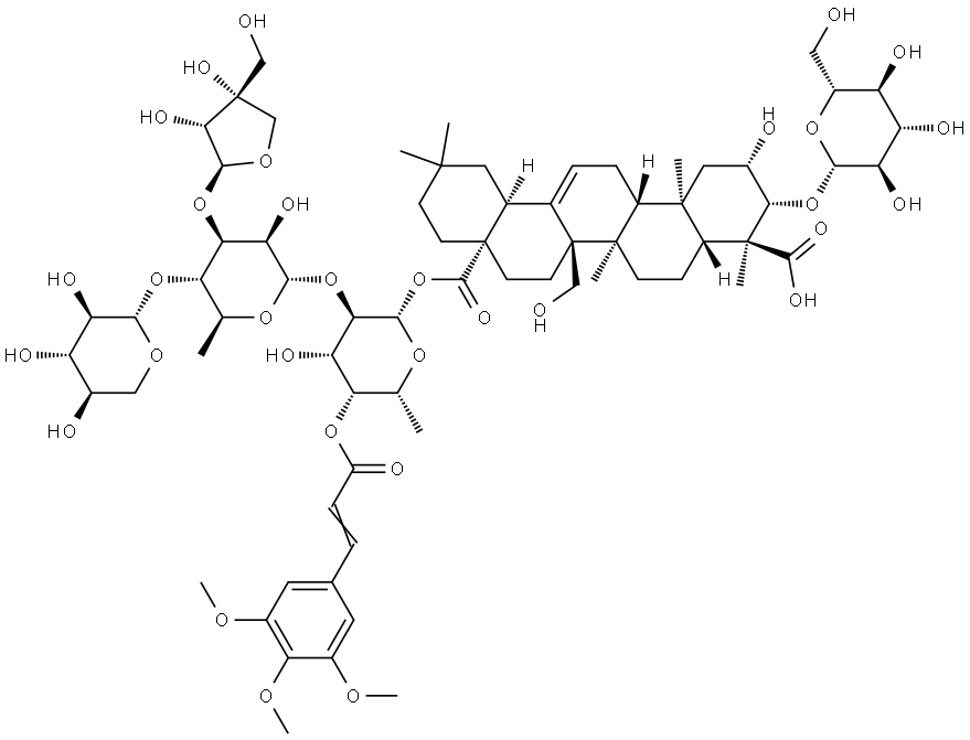 Olean-12-ene-23,28-dioic acid, 3-(β-D-glucopyranosyloxy)-2,27-dihydroxy-, 28-[O-D-apio-β-D-furanosyl-(1→3)-O-[β-D-xylopyranosyl-(1→4)]-O-6-deoxy-α-L-mannopyranosyl-(1→2)-6-deoxy-4-O-[1-oxo-3-(3,4,5-trimethoxyphenyl)-2-propenyl]-β-D-galactopyranosyl] ester, (2β,3β,4α)- 结构式