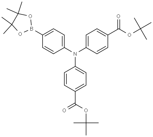 4,4'-((4-(4,4,5,5-四甲基-1,3,2-二氧硼杂环戊烷-2-基)苯基)氮杂二基)二苯甲酸二叔丁酯 结构式