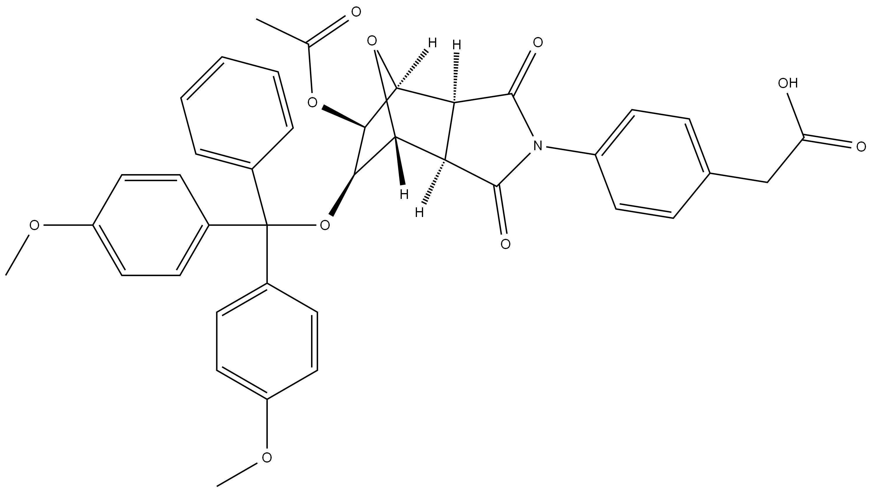 2-(4-((3aR,4R,5R,6S,7S,7aS)-5-acetoxy-6-(bis(4-methoxyphenyl)(phenyl)methoxy)-1,3-dioxohexahydro-1H-4,7-epoxyisoindol-2(3H)-yl)phenyl)acetic acid 结构式