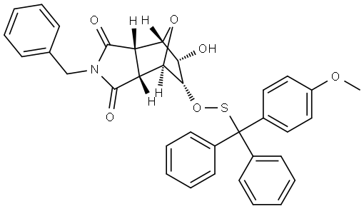 (3AR,4R,5R,6R,7S,7AS)-2-苄基-5-羟基-6-((((4-甲氧基苯基)二苯基甲基)硫基)氧基)六氢-1H-4,7-环氧异吲哚-1,3(2H)-二酮 结构式