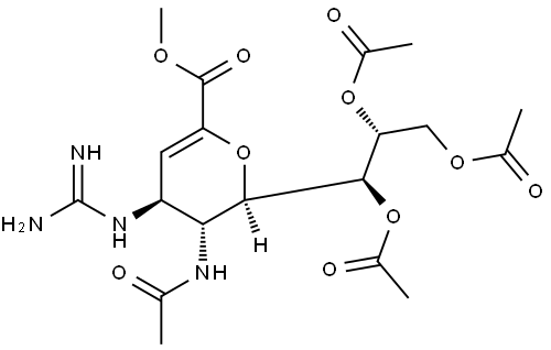 D-glycero-D-galacto-Non-2-enonic acid, 5-(acetylamino)-4-[(aminoiminomethyl)amino]-2,6-anhydro-3,4,5-trideoxy-, methyl ester, 7,8,9-triacetate 结构式