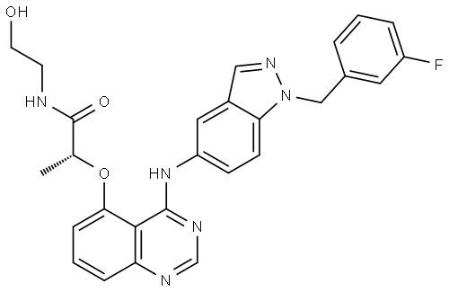 (R)-2-((4-((1-(3-氟苄基)-1H-吲唑-5-基)氨基)喹唑啉-5-氧基))-N-(2-羟基乙基)丙酰胺 结构式