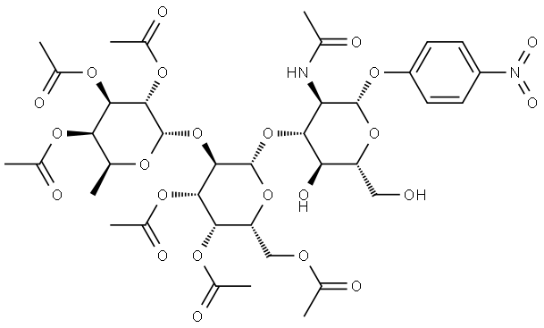 β-D-Glucopyranoside, 4-nitrophenyl O-2,3,4-tri-O-acetyl-6-deoxy-α-L-galactopyranosyl-(1→2)-O-3,4,6-tri-O-acetyl-β-D-galactopyranosyl-(1→3)-2-(acetylamino)-2-deoxy- 结构式