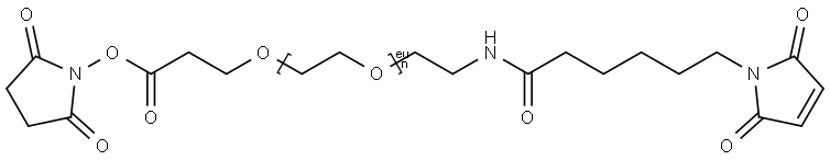 O-[N-(6-马来酰亚胺己酰)氨基乙基]-O′-[3-(N-琥珀酰亚氨氧基)-3-氧代丙基]聚乙二醇 3000 结构式